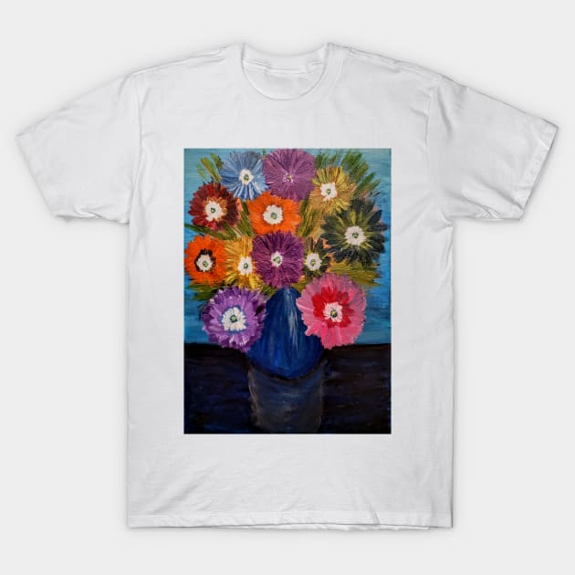 A lovely boutique of abstract vibrant bright colorful  flowers in a tall glass vase T-Shirt by kkartwork